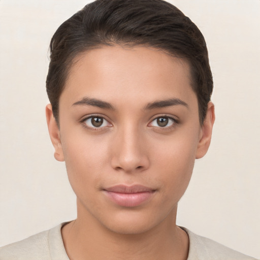 Neutral white young-adult female with short  brown hair and brown eyes