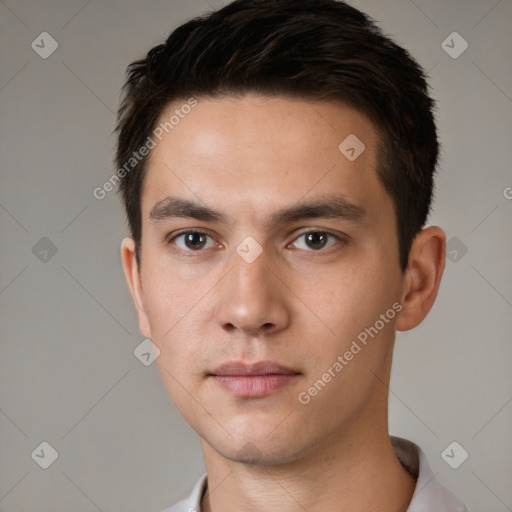 Neutral white young-adult male with short  brown hair and brown eyes