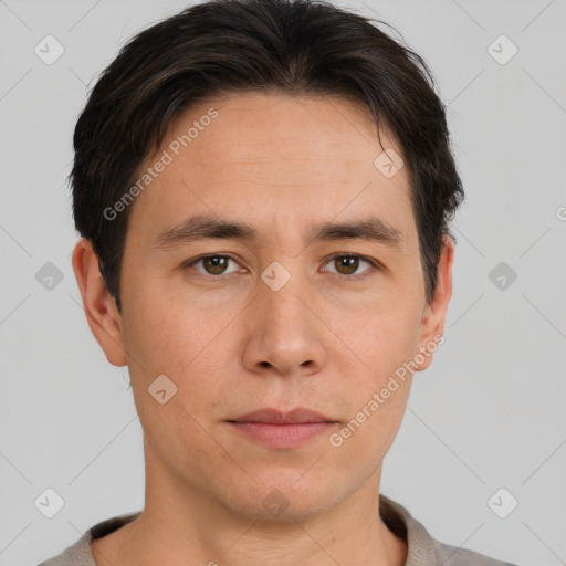 Neutral white adult male with short  brown hair and brown eyes