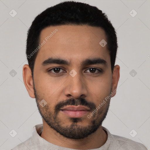 Neutral latino young-adult male with short  black hair and brown eyes