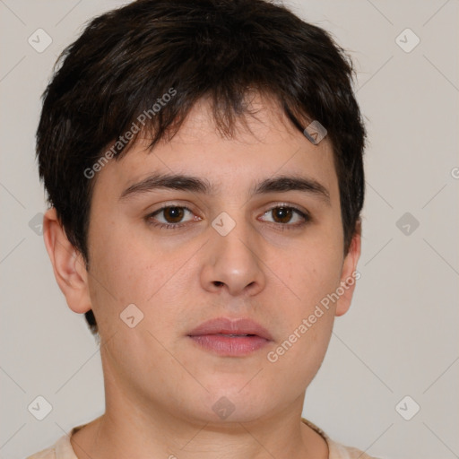 Neutral white young-adult male with short  brown hair and brown eyes