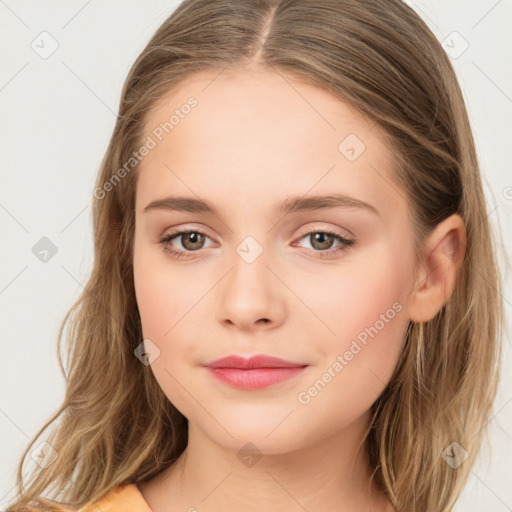 Neutral white young-adult female with long  brown hair and grey eyes