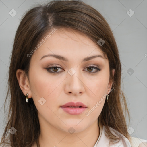 Neutral white young-adult female with medium  brown hair and brown eyes