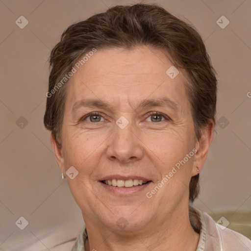 Joyful white adult female with short  brown hair and brown eyes