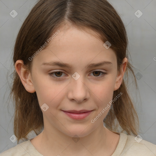 Joyful white child female with medium  brown hair and brown eyes