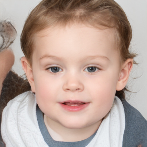 Joyful white child female with medium  brown hair and blue eyes