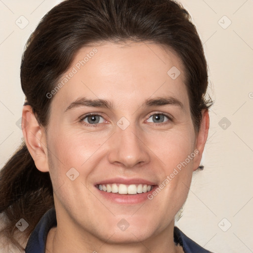 Joyful white young-adult male with medium  brown hair and brown eyes