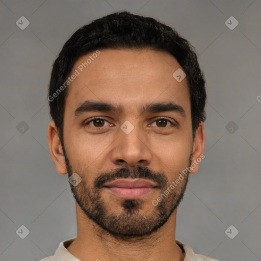 Neutral latino young-adult male with short  black hair and brown eyes