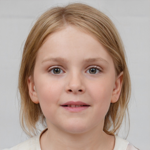 Neutral white child female with medium  brown hair and blue eyes