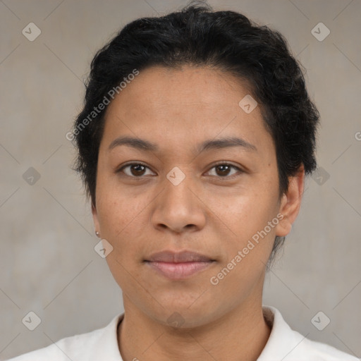 Joyful latino young-adult female with short  brown hair and brown eyes