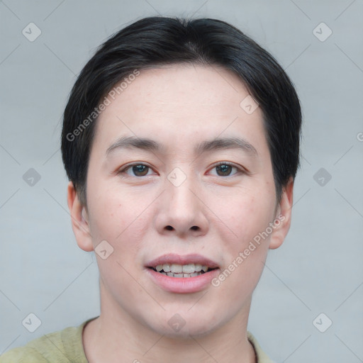 Joyful asian young-adult male with short  brown hair and brown eyes