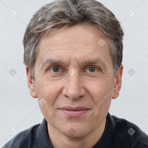 Joyful white middle-aged male with short  brown hair and brown eyes