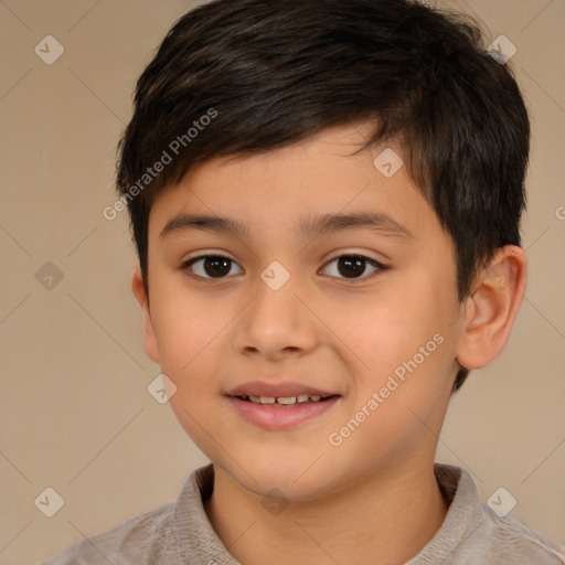 Joyful white child male with short  brown hair and brown eyes