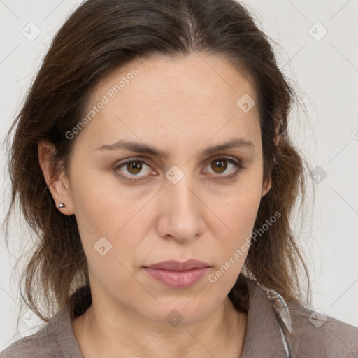 Neutral white young-adult female with medium  brown hair and brown eyes