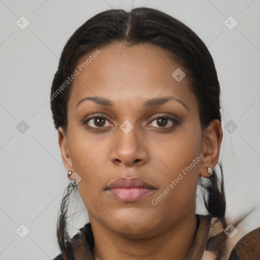 Neutral black young-adult female with short  brown hair and brown eyes