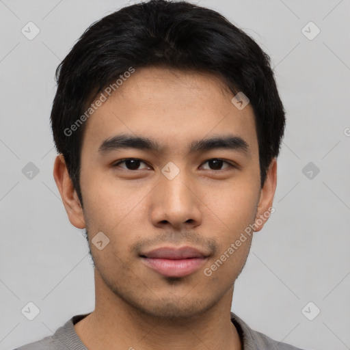 Neutral asian young-adult male with short  black hair and brown eyes