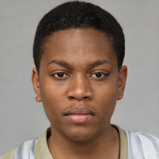 Neutral black young-adult female with short  brown hair and brown eyes
