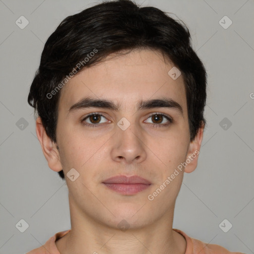 Neutral white young-adult male with short  brown hair and brown eyes