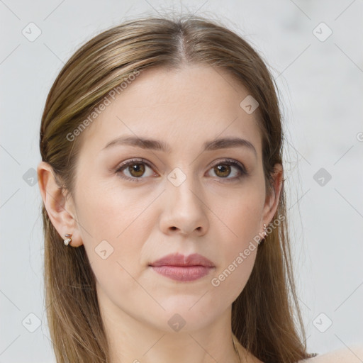 Neutral white young-adult female with long  brown hair and grey eyes