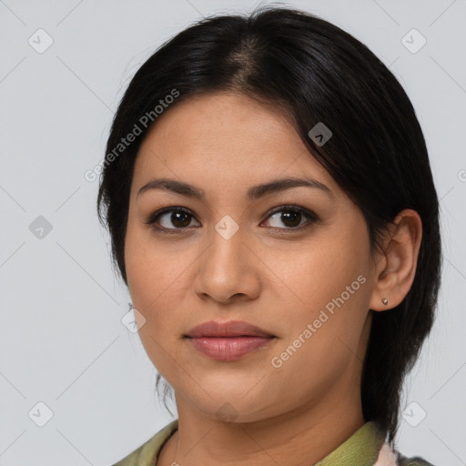 Joyful asian young-adult female with medium  brown hair and brown eyes