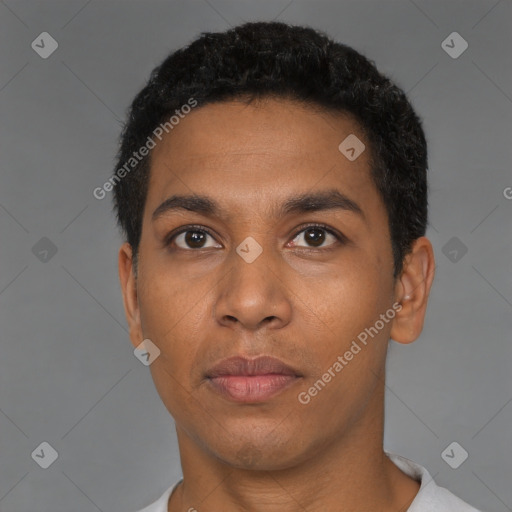 Neutral latino young-adult male with short  black hair and brown eyes