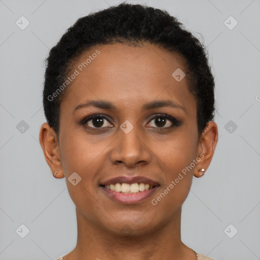 Joyful latino young-adult female with short  brown hair and brown eyes