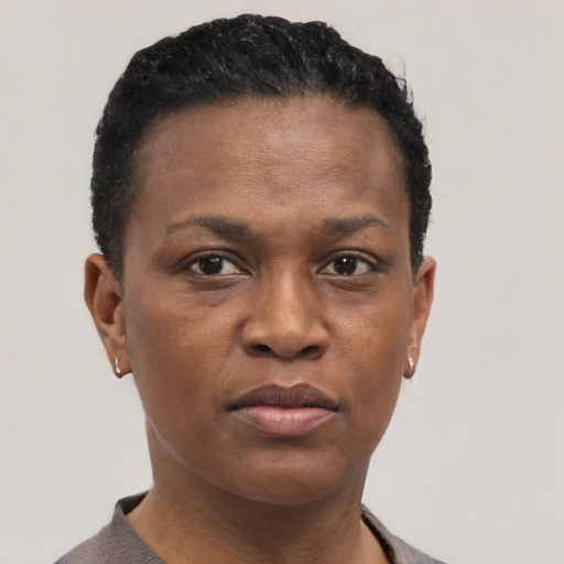 Neutral black adult female with short  brown hair and brown eyes