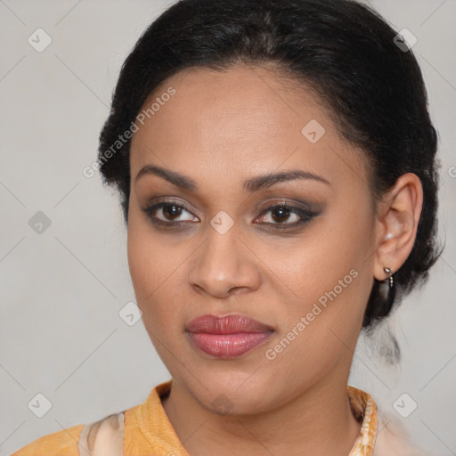 Joyful latino young-adult female with medium  brown hair and brown eyes