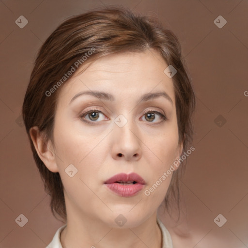 Neutral white young-adult female with medium  brown hair and brown eyes