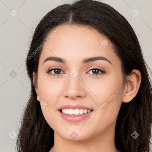 Joyful white young-adult female with long  brown hair and brown eyes