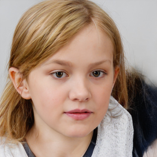 Neutral white child female with medium  brown hair and blue eyes