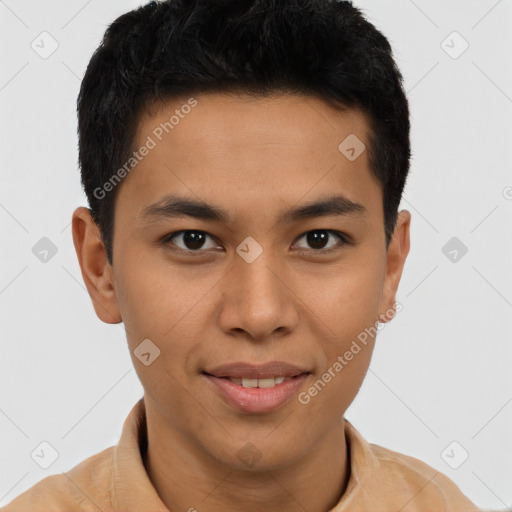 Joyful asian young-adult male with short  brown hair and brown eyes