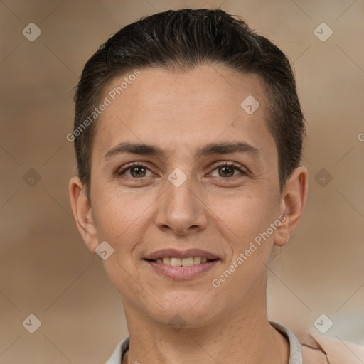 Joyful white adult female with short  brown hair and brown eyes