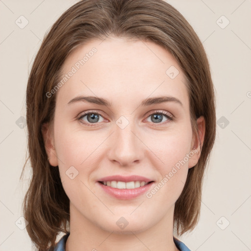 Joyful white young-adult female with medium  brown hair and blue eyes