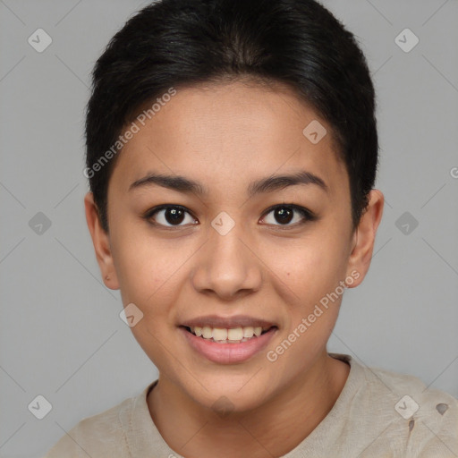 Joyful asian young-adult female with short  brown hair and brown eyes