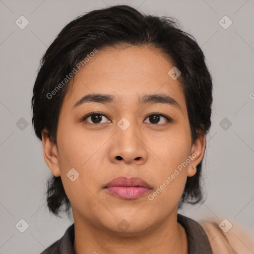 Neutral asian young-adult female with medium  brown hair and brown eyes