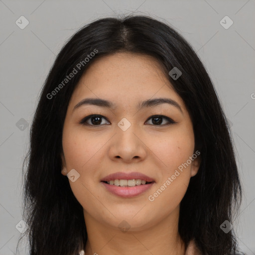 Joyful asian young-adult female with long  brown hair and brown eyes