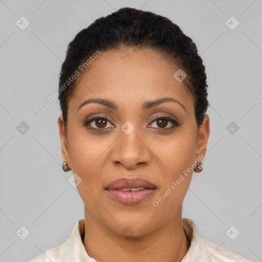 Joyful latino young-adult female with short  black hair and brown eyes