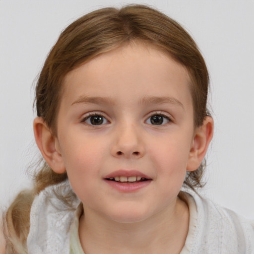 Joyful white child female with medium  brown hair and blue eyes