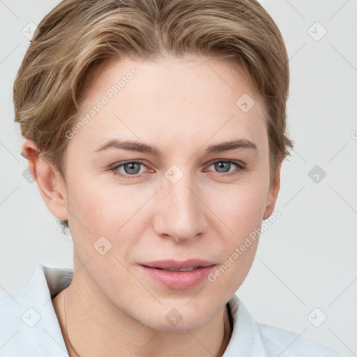 Joyful white young-adult female with short  brown hair and grey eyes