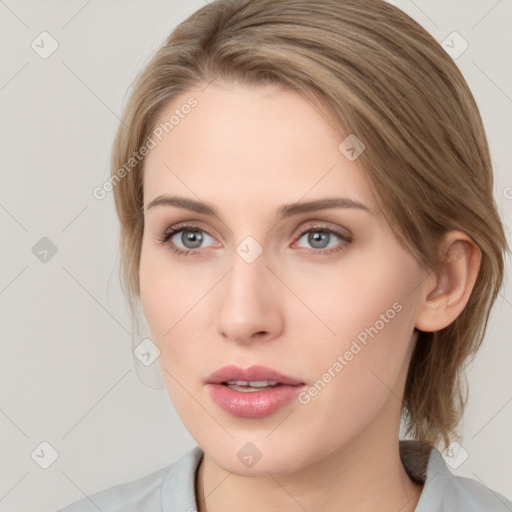 Neutral white young-adult female with medium  brown hair and grey eyes