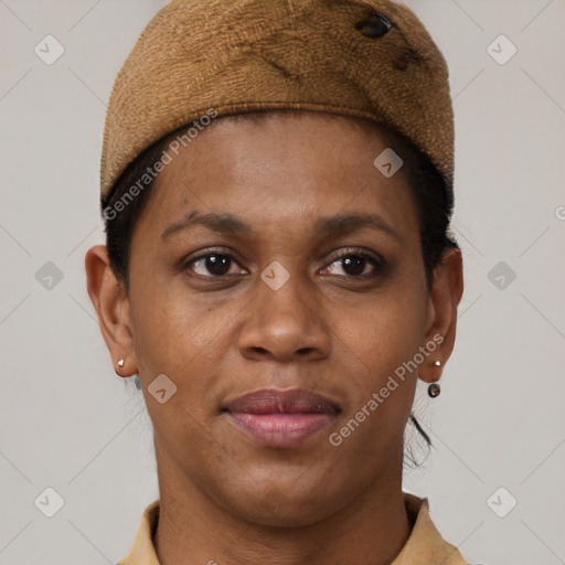 Joyful black young-adult female with short  brown hair and brown eyes