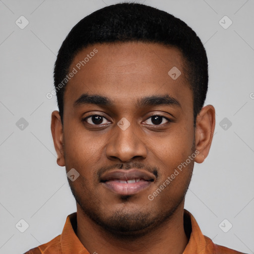 Neutral latino young-adult male with short  black hair and brown eyes