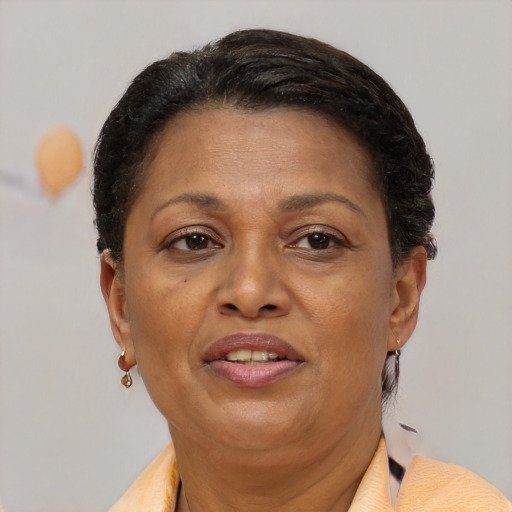 Joyful black adult female with short  brown hair and brown eyes