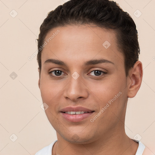 Joyful white young-adult female with short  brown hair and brown eyes