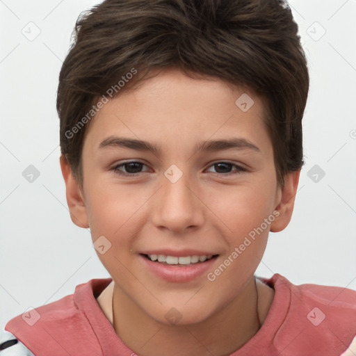 Joyful white child female with short  brown hair and brown eyes