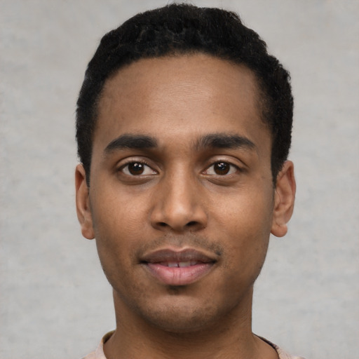Neutral black young-adult male with short  black hair and brown eyes