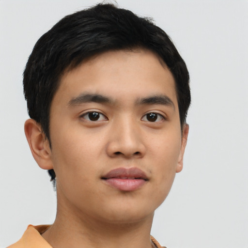 Neutral asian young-adult male with short  brown hair and brown eyes