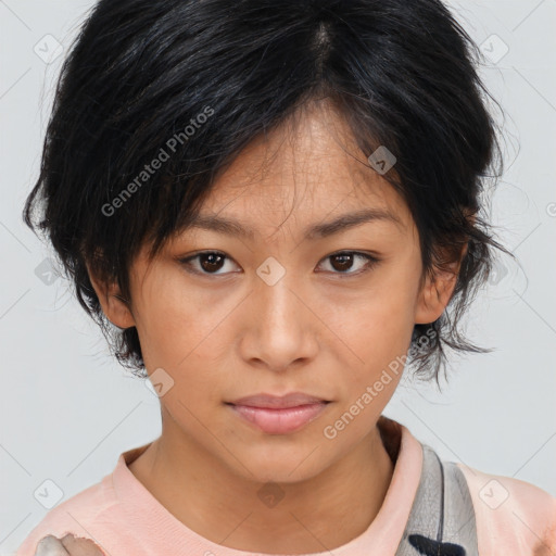 Neutral asian young-adult female with medium  brown hair and brown eyes