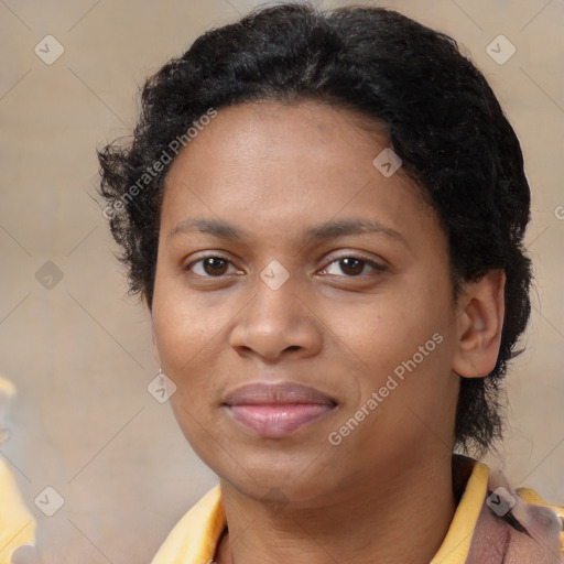 Joyful black young-adult female with medium  brown hair and brown eyes